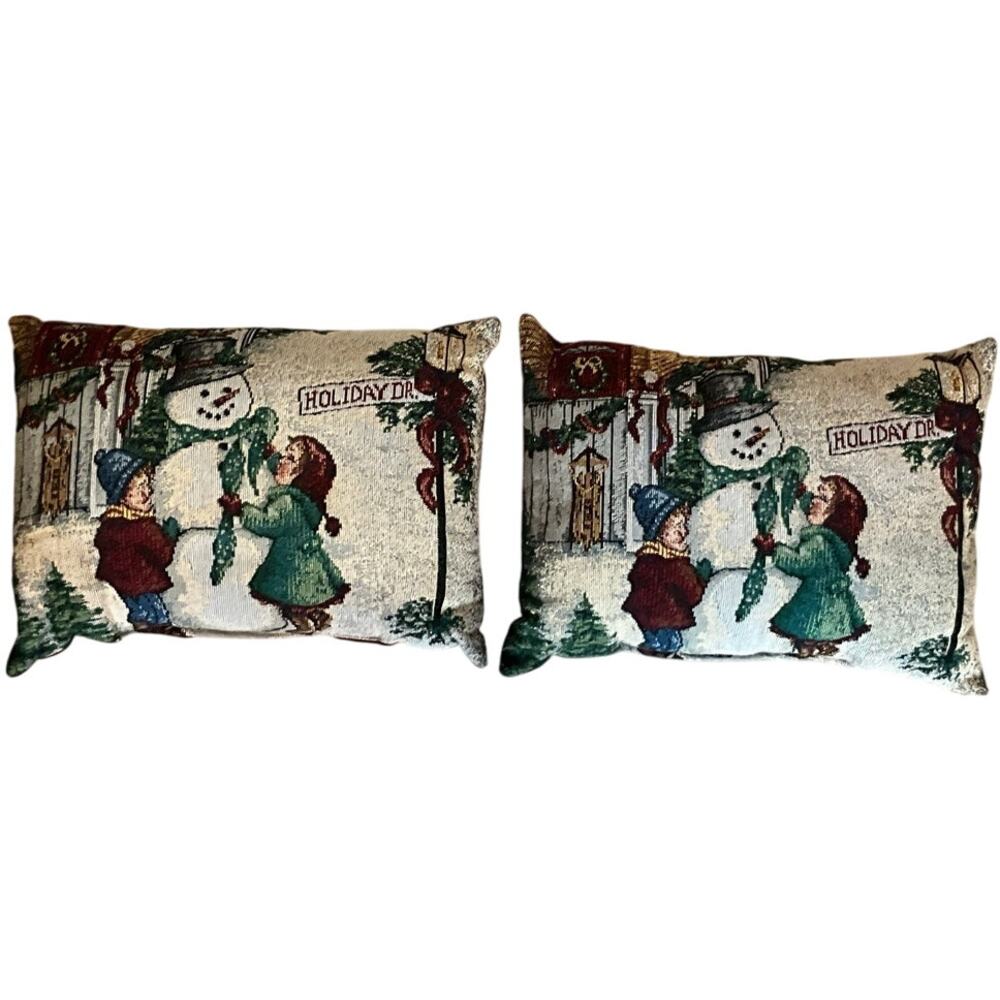 Set of 2 Winter Holiday Tapestry Deco Pillows 10X14 Snowmen & Children Burgundy